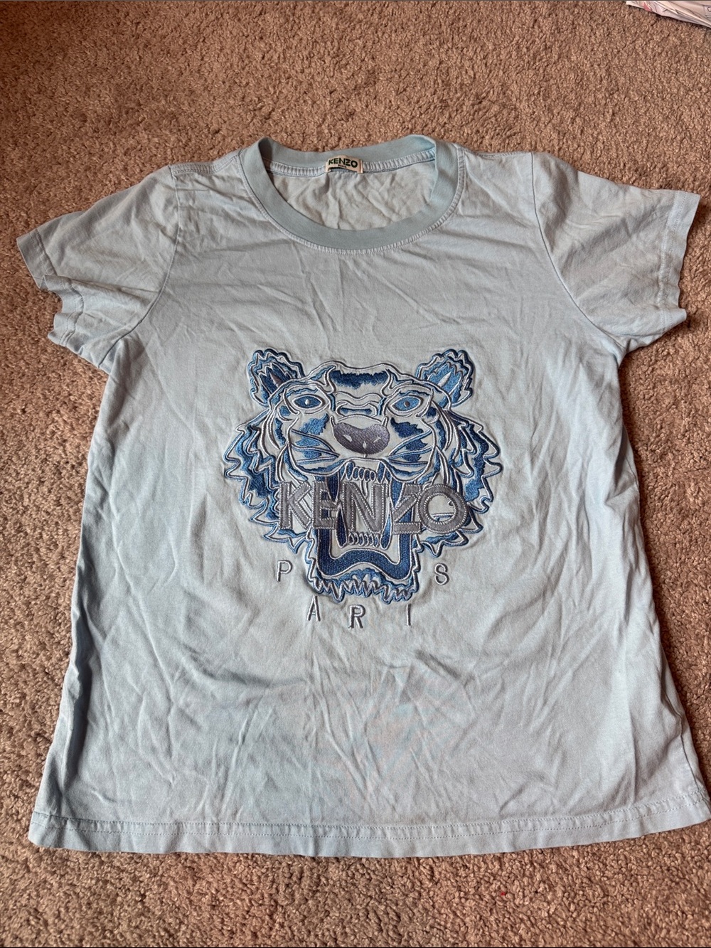 Kenzo Pale Blue Tiger Embroidered Logo Tee